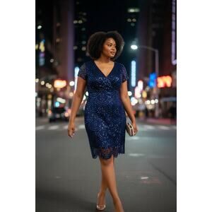 Marina Navy Sequin Cocktail Dress Size 16 Elegant Formal Evening Party